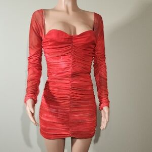 Zara Red Long Sleeve Ruched Dress